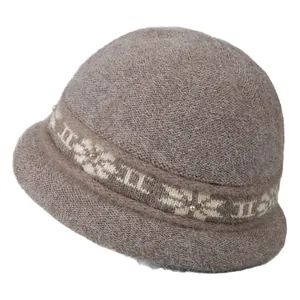Winter warm knitted cloche hat for elderly women in brown with pearl flower details