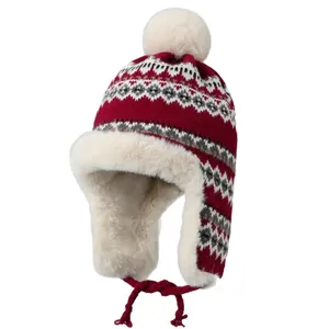 Bonnet trappeur en tricot avec cache-oreilles, motif nordique et doublure en peluche