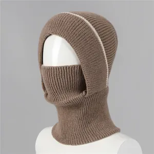 Brown knit balaclava for women with integrated face mask and fleece lining for winter