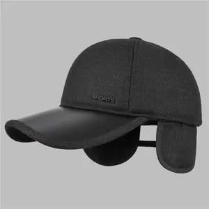 Winter baseball cap for men with ear protection in dark grey wool and black leather brim