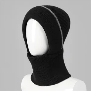 Detail of black ribbed knit balaclava showing gray side stripes and thick fleece lining