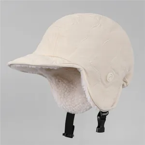 Detail of quilted winter trapper hat with soft fleece lining and adjustable strap
