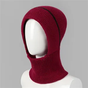 Detail of burgundy ribbed knit balaclava hat with black stripe and thermal lining
