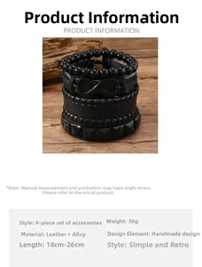 Dettagli del set di 4 bracciali in pelle nera con segno infinito e specifiche misure