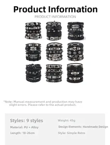 Detail von 9-teiligem Punk-Lederarmband-Set mit Sternen und Totenkopfanhängern in Schwarz