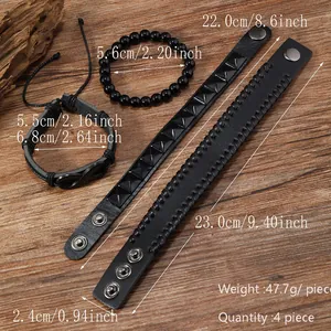Set di 4 bracciali da uomo in pelle nera con simbolo infinito e borchie a piramide
