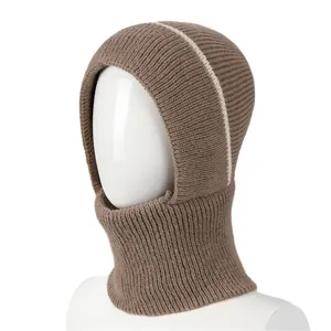 Brown knitted balaclava for women with neck warmer and white stripe detail for winter warmth