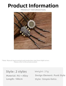 Detail view of retro guitar and sun shield charms on PU leather bolo tie necklaces