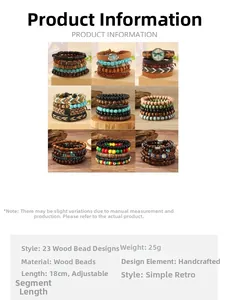 Details von verstellbaren mehrlagigen Holzperlenarmbändern im Boho-Stil mit Türkis