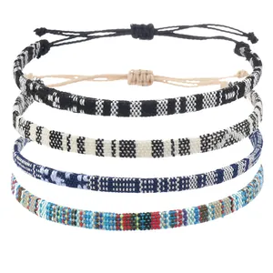 Lot de 4 bracelets bohèmes en corde cirée imperméable avec motifs ethniques tissés