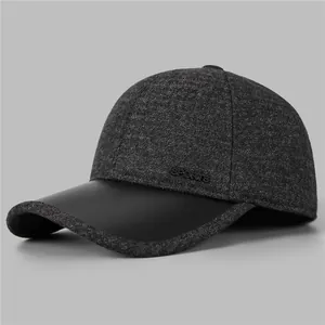 Detailed side view of men winter baseball cap with thick wool fabric and sports logo