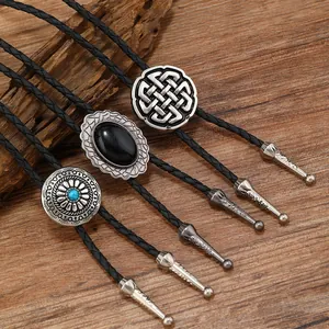 Vintage Western Cowboy Bolo-Krawatte PU-Leder Geflochtenes Seil Keltischer Knoten Synthetischer Türkis Anhänger Halskette Für Herren Damen Schmuck