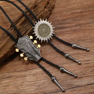 Vintage Western Cowboy Bolo Tie Retro Guitar Head Sun Coin Pendant PU Leather Braided Rope Necklace Jewelry For Men Women