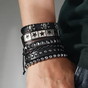 6er-Set mehrlagige Herren-Lederarmbänder mit Totenkopf und Sternanhängern