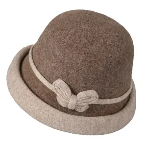 Chapeau cloche en laine style japonais avec bord contrasté et nœud élégant pour femme