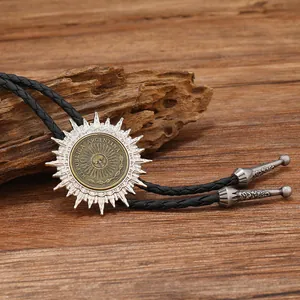 Vintage Sun God Bolo Tie with braided black leather rope and Republica Argentina coin
