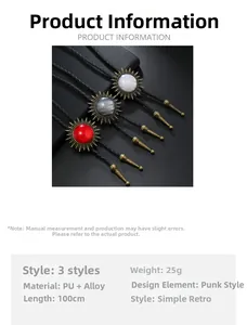 Vue détaillée du bolo tie vintage soleil avec cordon en cuir PU noir de 100 cm