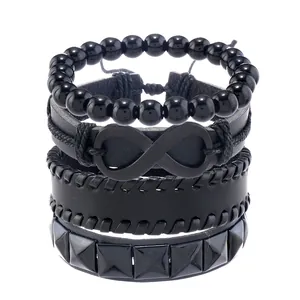 Set di 4 bracciali neri in pelle con simbolo dell'infinito, perline e borchie punk