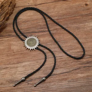 Retro Argentinian coin bolo tie with black braided PU leather cord and metal tips