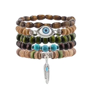 5-teiliges Boho Armband Set mit Holzperlen, Evil Eye Symbol und Federanhänger
