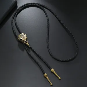Corbata de bolo vintage con calavera de fénix, símbolo vikingo y cordón trenzado negro