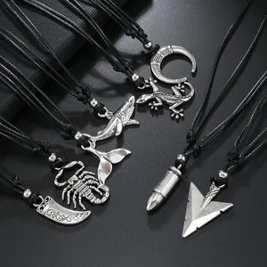 Vintage retro bullet horn and animal pendant necklace with adjustable black cord