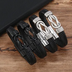 Men Braided PU Leather Bracelet With Infinity Knot Alloy Magnetic Clasp Vintage Punk Style Casual Jewelry Gift For Men