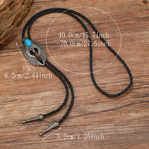 Vintage bolo tie με αετό και τιρκουάζ σε ρυθμιζόμενο μαύρο δερμάτινο πλεκτό σχοινί