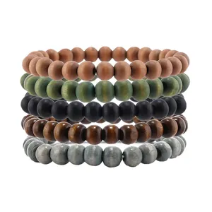 5-teiliges Set minimalistischer Vintage-Holzperlenarmbänder in verschiedenen Erdtönen