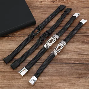 Men's infinity knot black braided leather bracelets with matte and silver magnetic clasps