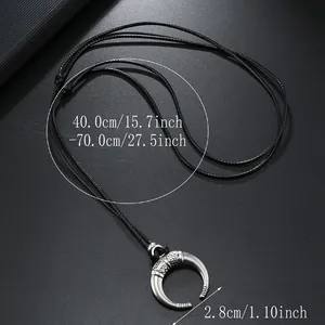 Retro bull horn pendant necklace on black rope with adjustable length measurements
