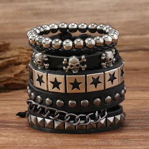 Punk Rock Lagenleder Armband Für Herren Damen Vintage Totenkopf Pentagramm Niete Legierungskette Mehrlagiger Schmuck Zubehör