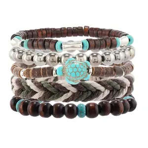 Fünfteiliges Vintage-Boho-Armband-Set mit Holzperlen und Türkis-Schildkröten-Anhänger