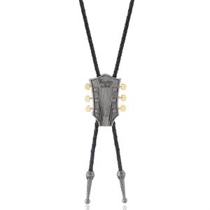 Retro guitar-shaped Bolo Tie in antique silver finish with black woven PU leather cord