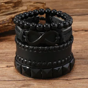Braccialetti di Perline in Pelle Intrecciata Vintage Punk Con Rivetti Infinity Collezione da Uomo Gioielli Fatti a Mano Nero