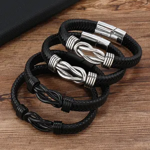 Men's black braided leather bracelets featuring metal infinity knots and magnetic clasps