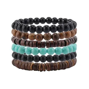 6-teiliges mehrlagiges Perlenarmband-Set mit Holzperlen und Türkis im Boho-Stil