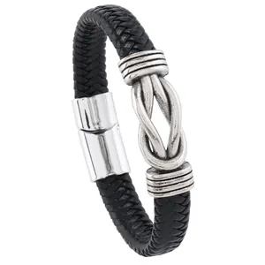 Men's black braided PU leather bracelet featuring a silver infinity knot and magnetic clasp