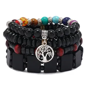 Multilayer wood bead bracelet set with natural stones and Tree of Life pendant charm