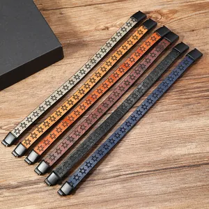 Detail of embossed hexagram stars on multi-color leather bracelets with magnetic clasps