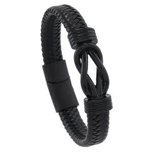 Macro shot of black woven PU leather bracelet featuring a magnetic figure-eight metal clasp
