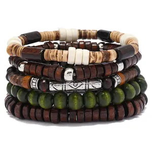 Fünfteiliges böhmisches mehrlagiges Holzperlen- und Kokosnussschalen-Stretch-Armbandset