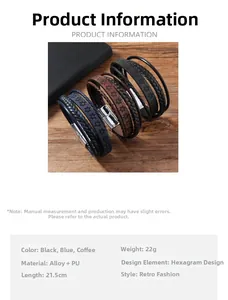 Vue détaillée du bracelet en cuir tressé multicouche avec motif étoile et dimensions