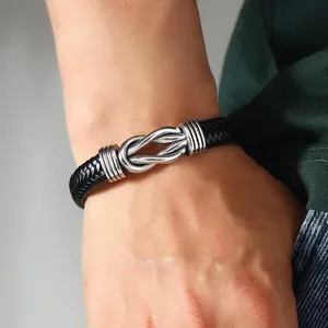 Men's retro black braided PU leather bracelet with silver infinity knot magnetic clasp