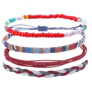 Lot de 4 bracelets bohèmes en corde cirée étanche avec perles et motifs ethniques
