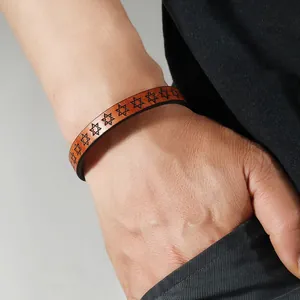 Brown leather bracelet with hexagonal star embossing and magnetic clasp for men