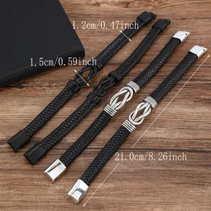 Close-up of leather infinity knot bracelets with size labels of 21cm length and 1.2cm width