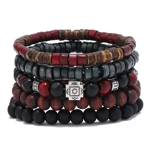 Mehrlagiges Retro-Perlenarmband-Set mit Kreuz und Holzperlen für einen Vintage-Ethno-Look