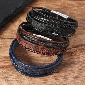 Bracelet multicouche en cuir pour homme avec motifs d'étoiles et fermoir magnétique