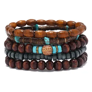 Mehrlagiges Boho-Holzperlenarmband-Set mit Türkissteinen und geometrischer Hauptperle